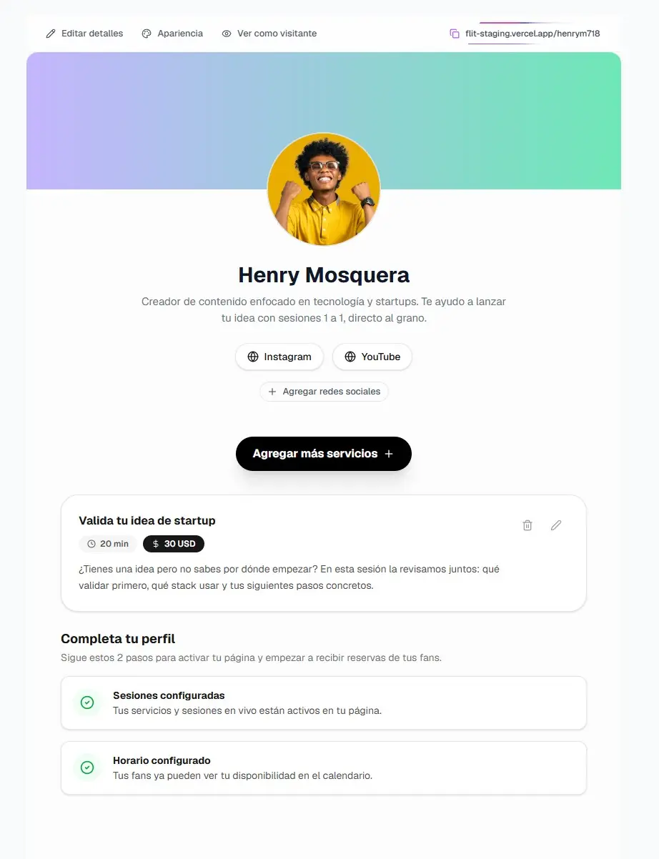 Página pública de un creador en Flitch