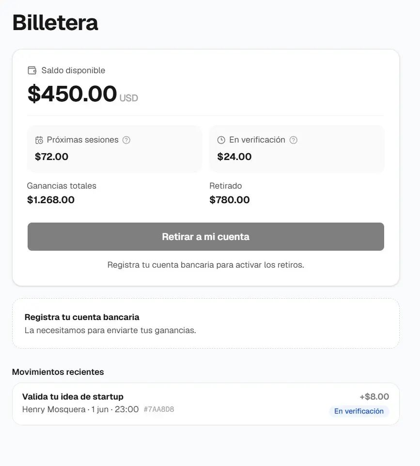 Billetera del creador con saldo disponible y movimientos